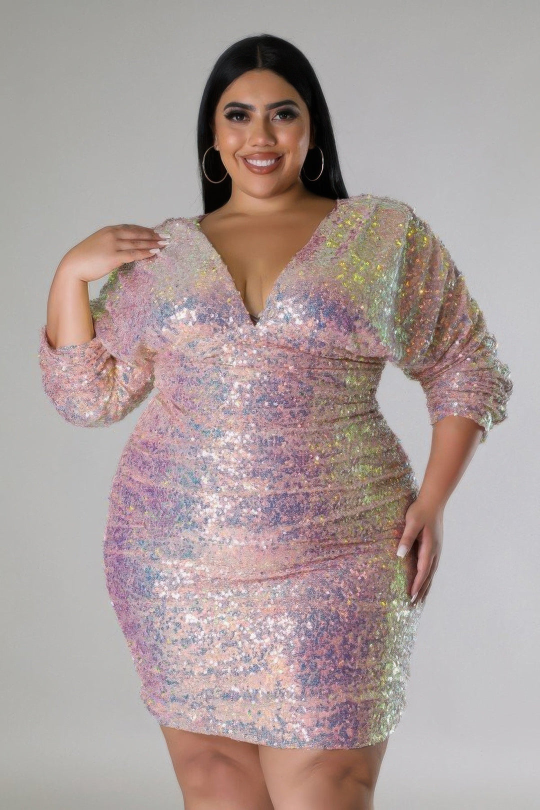 Plus Size Long Ruched Sleeves Semi Stretch Dress