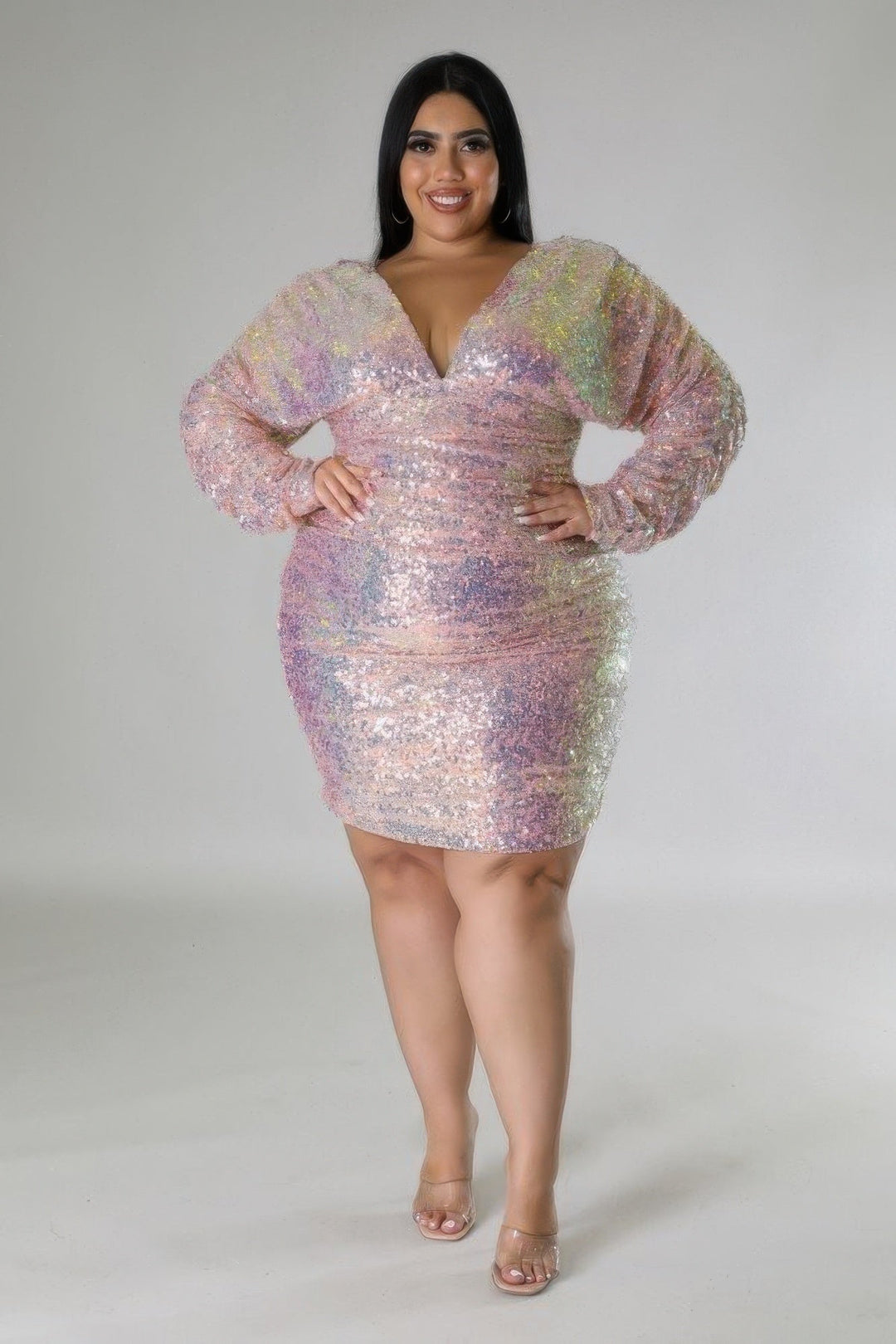 Plus Size Long Ruched Sleeves Semi Stretch Dress