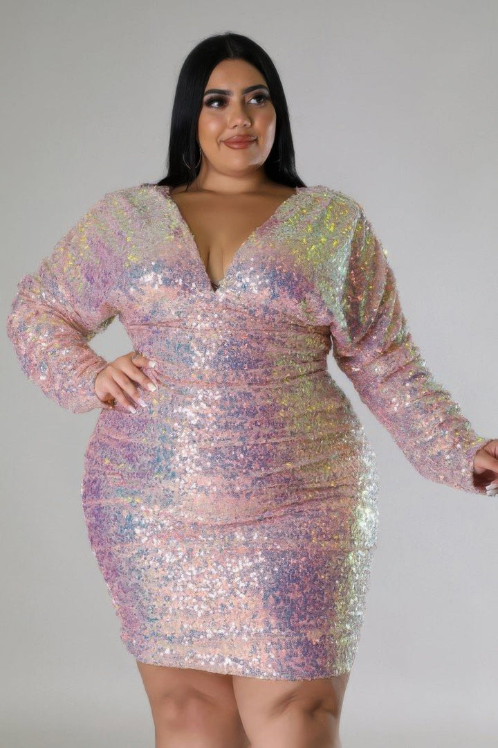 Plus Size Long Ruched Sleeves Semi Stretch Dress