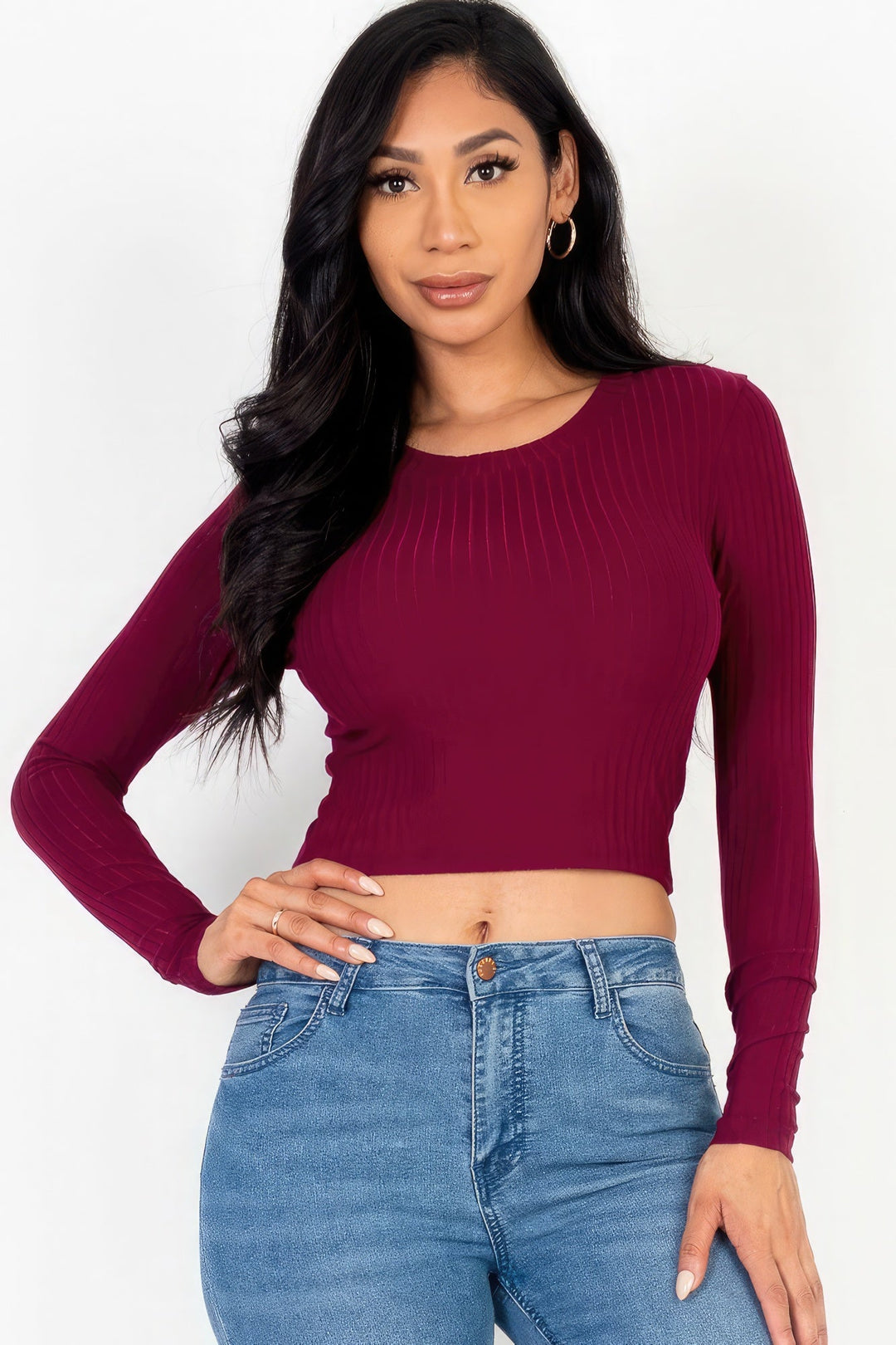 Long Sleeve Round Neck Basic Crop Top