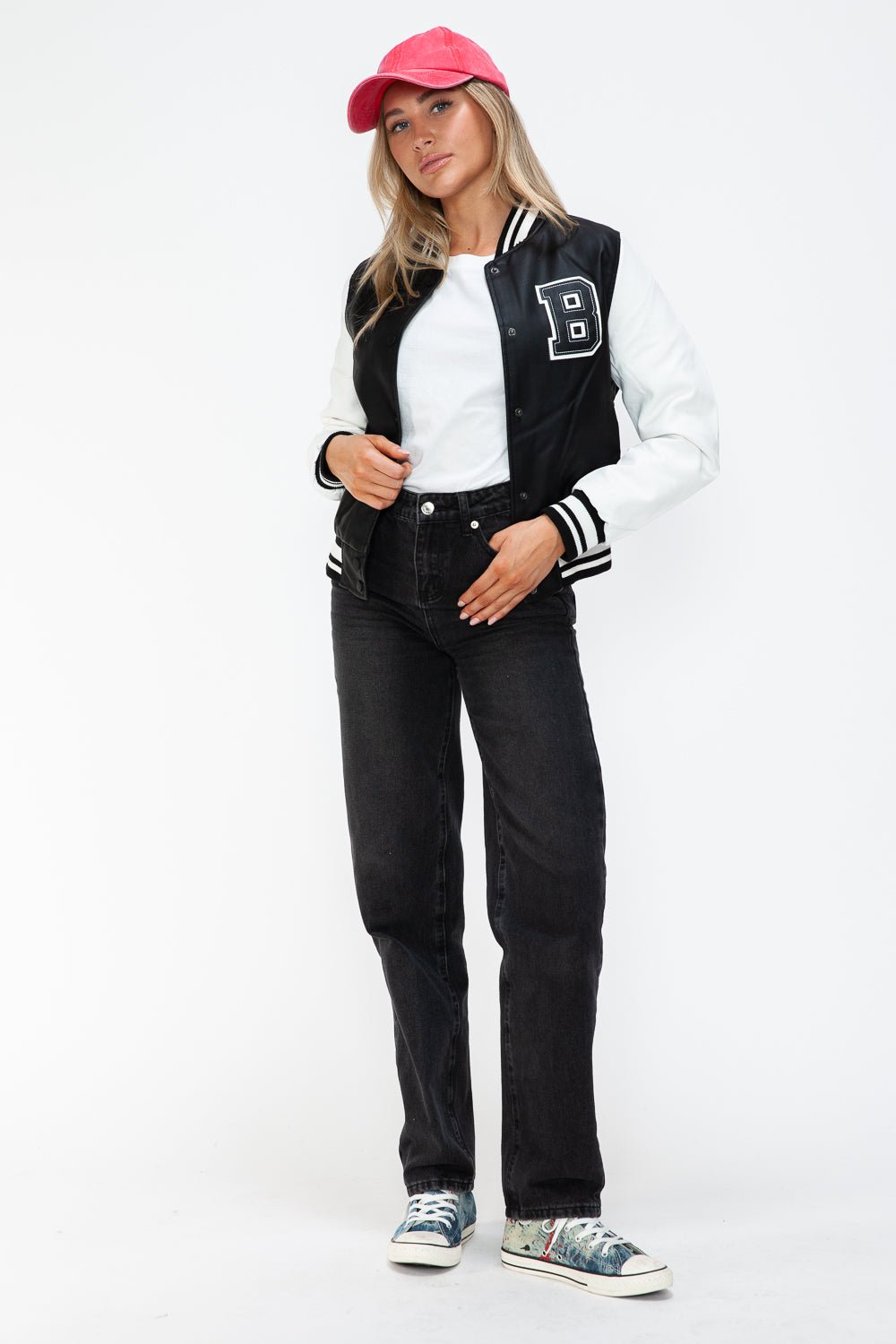 PU Leather Contrast Snap Down Bomber Jacket