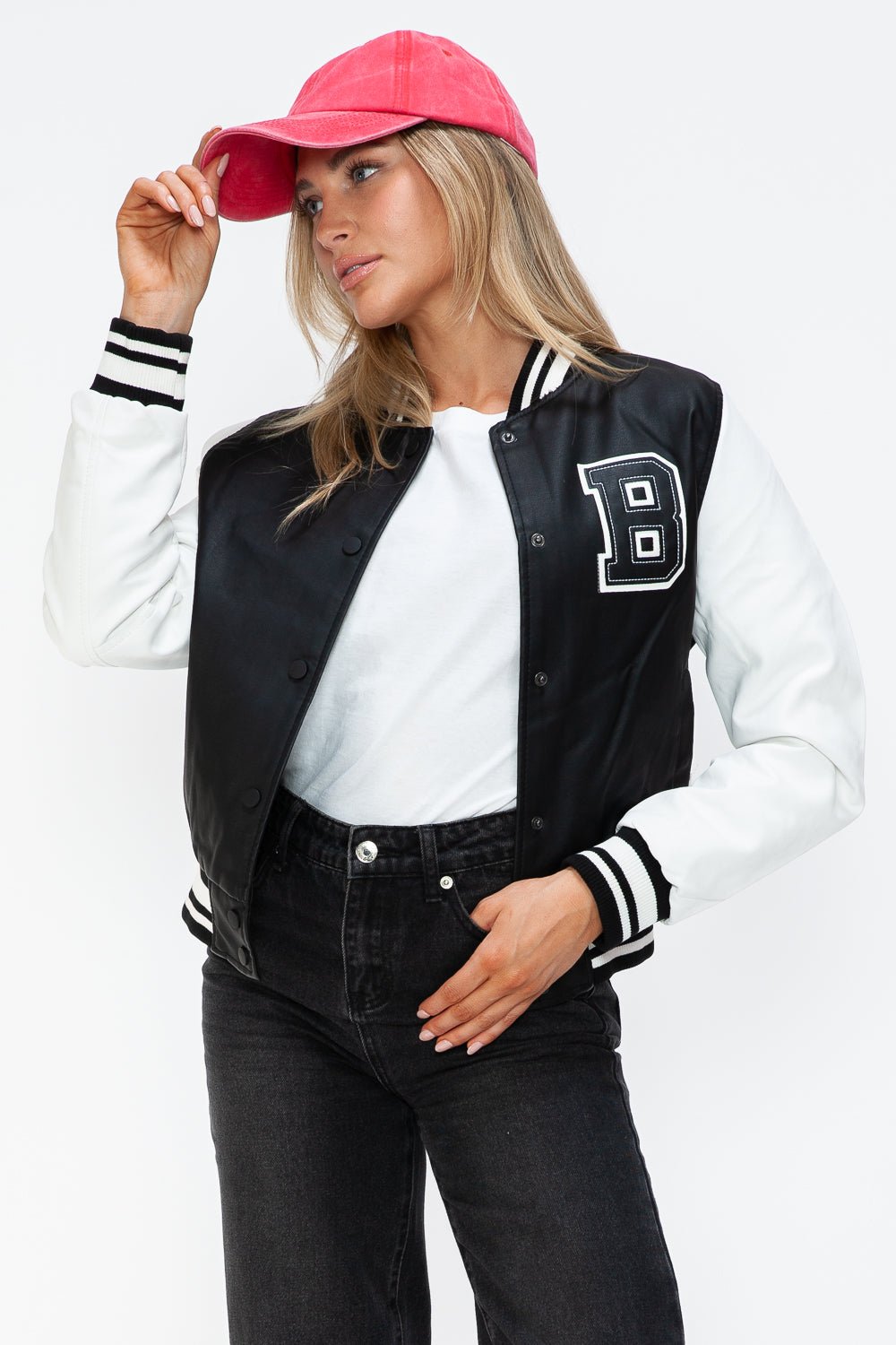 PU Leather Contrast Snap Down Bomber Jacket