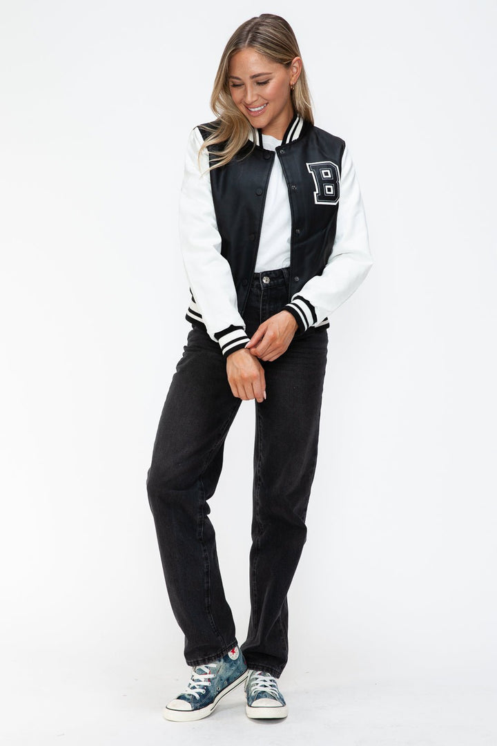 PU Leather Contrast Snap Down Bomber Jacket