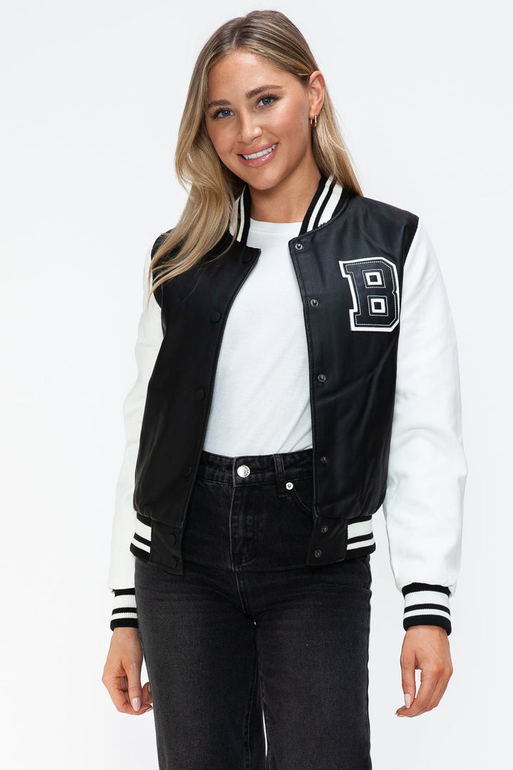 PU Leather Contrast Snap Down Bomber Jacket