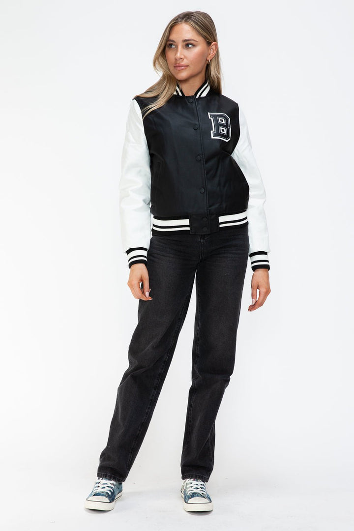 PU Leather Contrast Snap Down Bomber Jacket