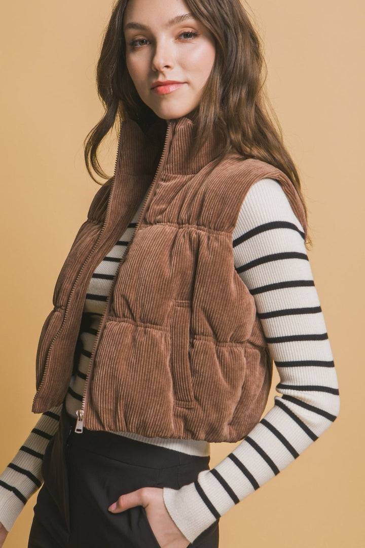 Corduroy Zip Up Puffer Vest, Brown