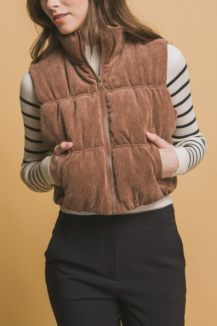 Corduroy Zip Up Puffer Vest, Brown