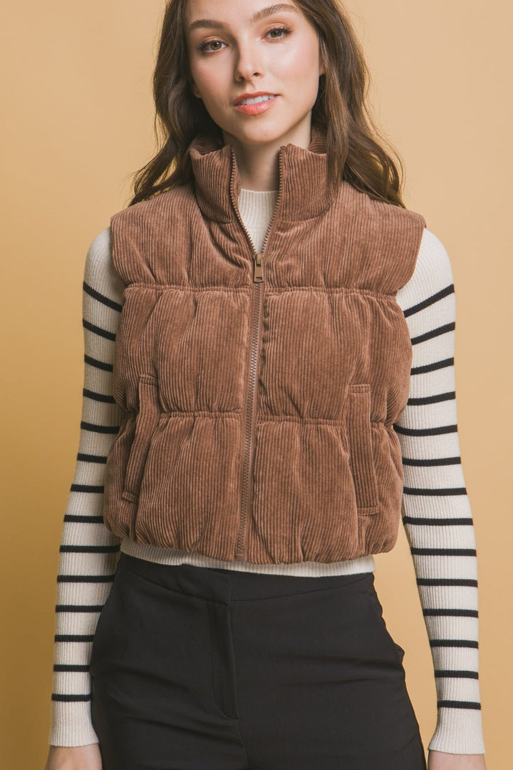 Corduroy Zip Up Puffer Vest, Brown