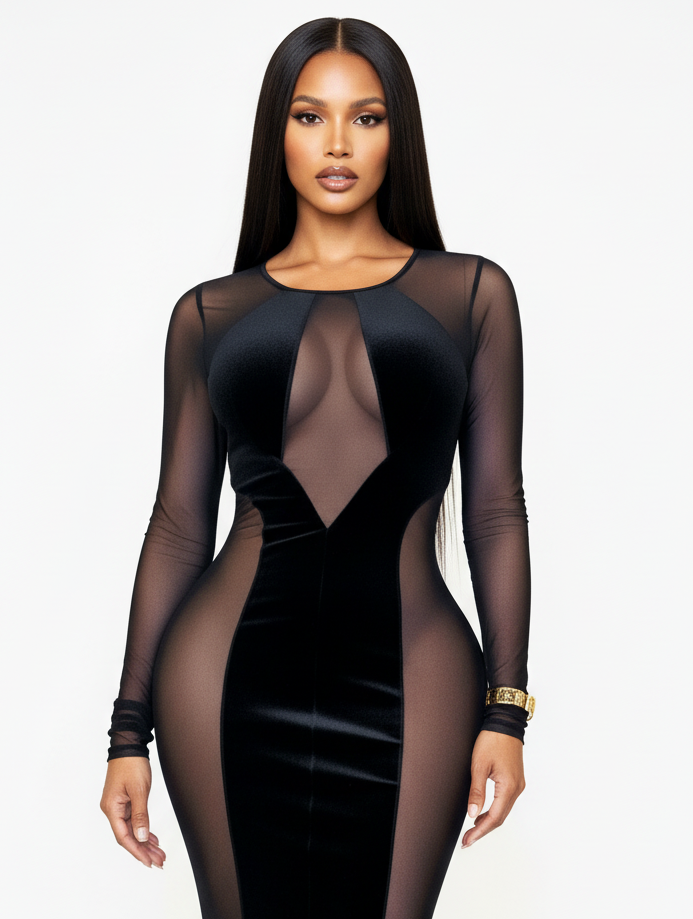 Midnight Reveal Black Velvet & Mesh Bodycon Dress