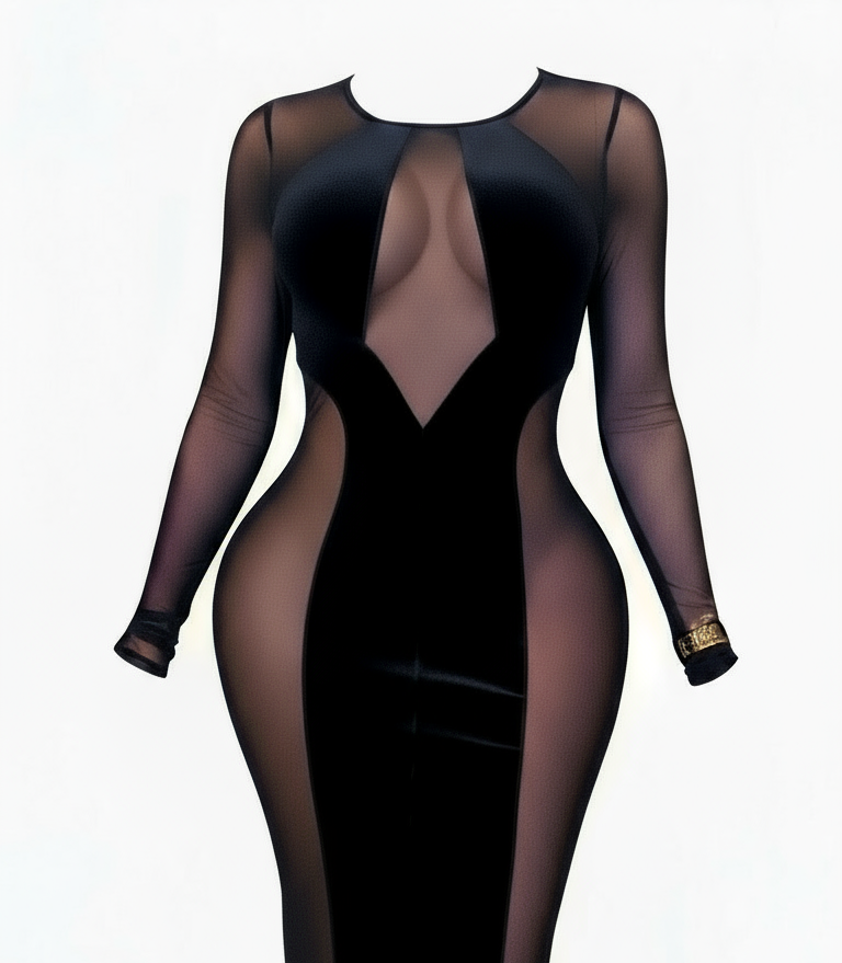 Mesh Bodycon Dress with Velvet Detail - Black