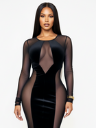 Mesh Bodycon Dress with Velvet Detail - Black
