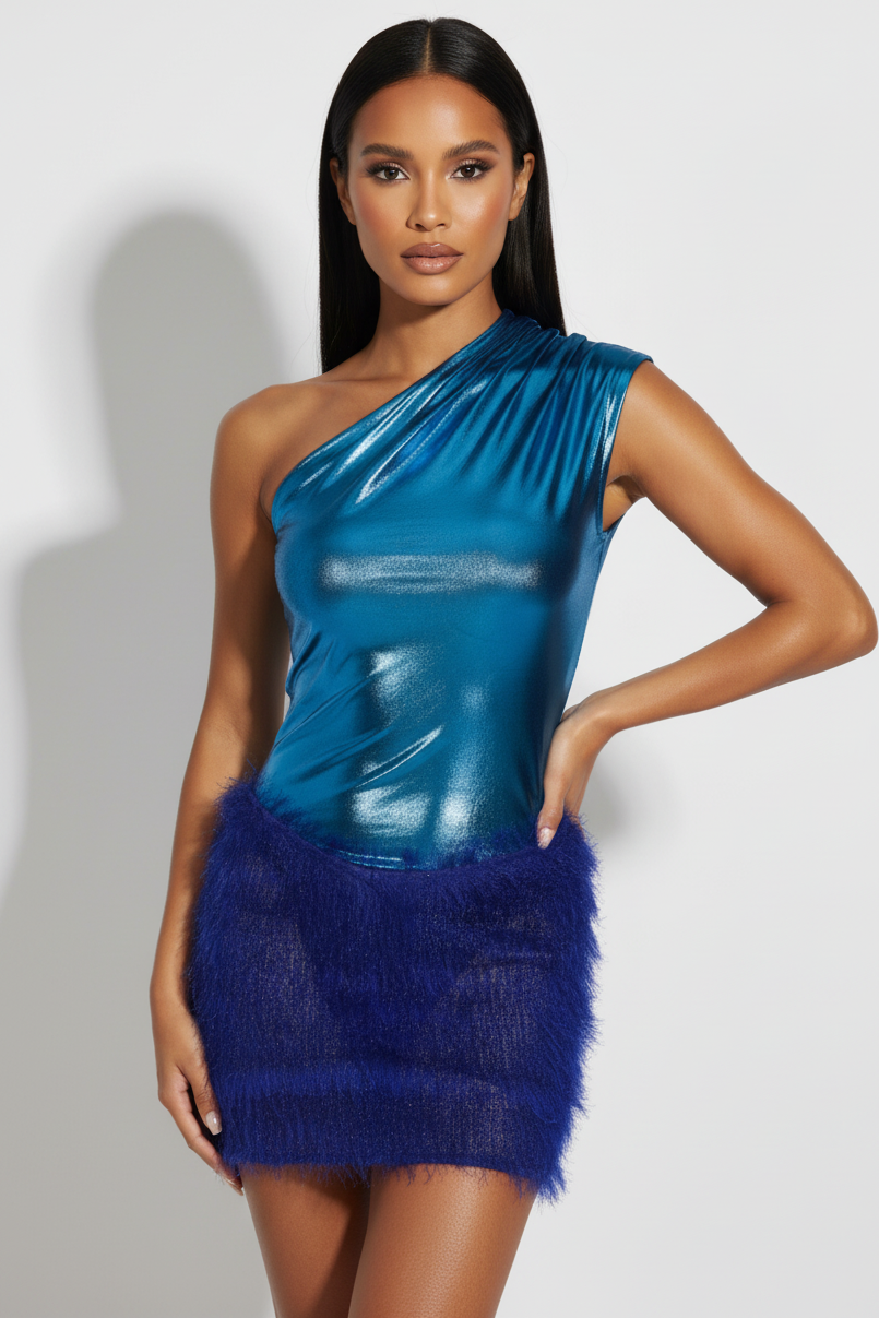 Metallic Blue Fluffy Skirt Set