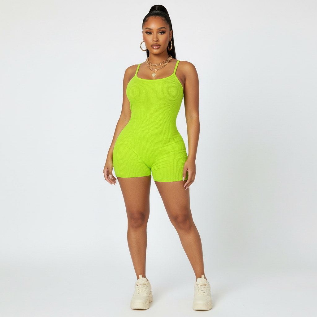 Neon Green Ribbed Playsuit Romper