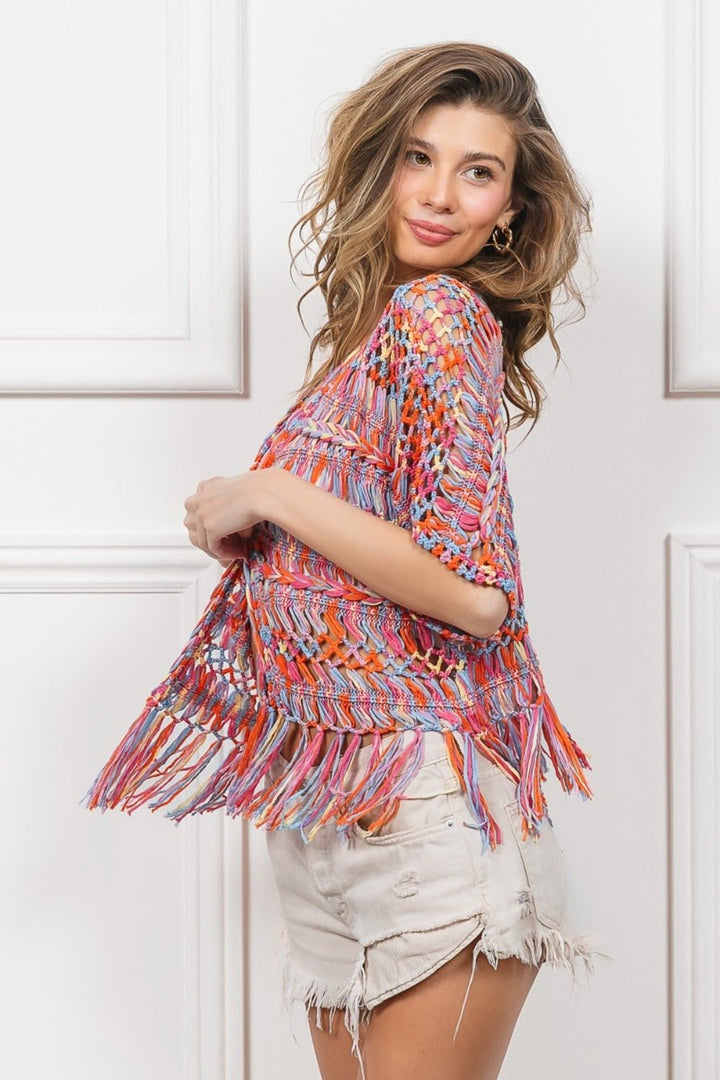 Open Front Fringed Crop Knit Cardigan