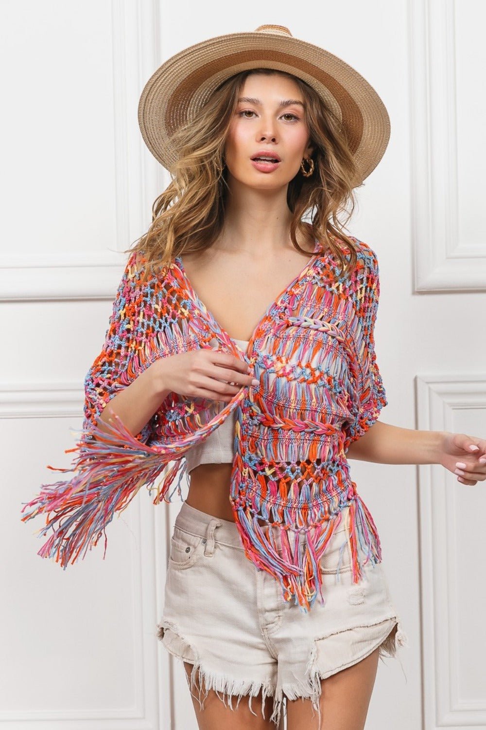 Open Front Fringed Crop Knit Cardigan