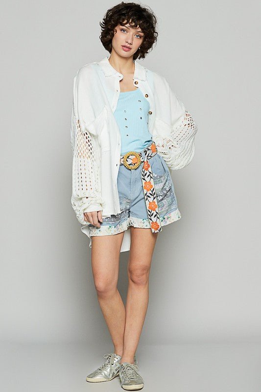 Openwork Lantern Sleeve Button Down Gauze Shirt