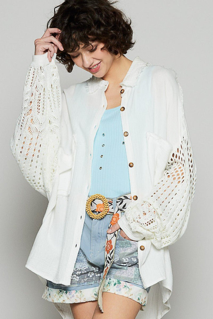 Openwork Lantern Sleeve Button Down Gauze Shirt