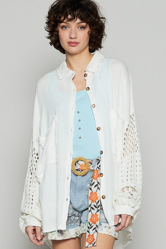 Openwork Lantern Sleeve Button Down Gauze Shirt