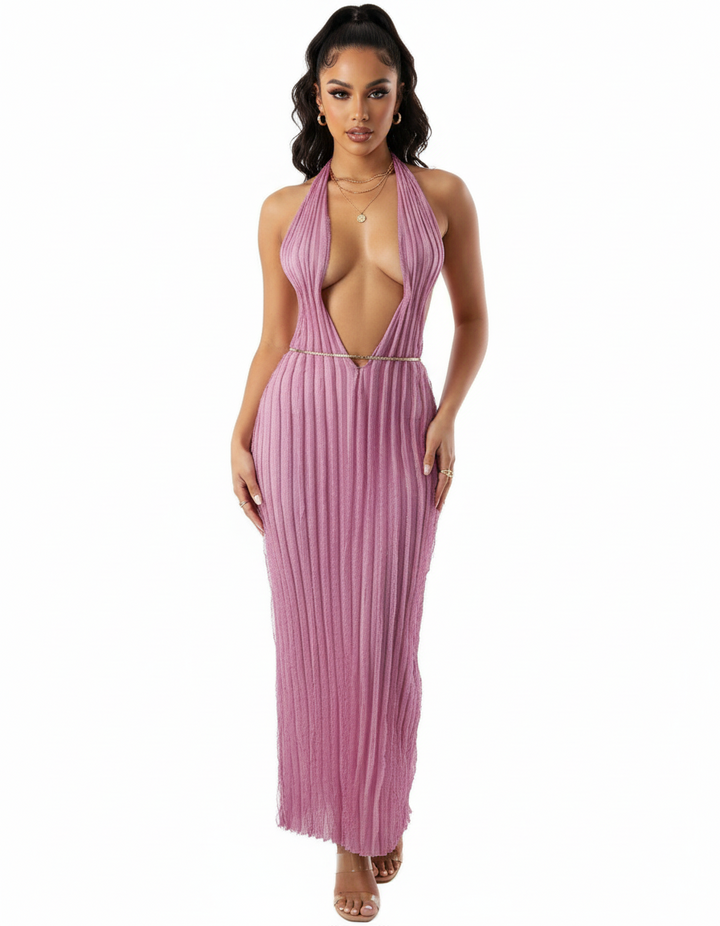 Pink Halter Ruffle Dress