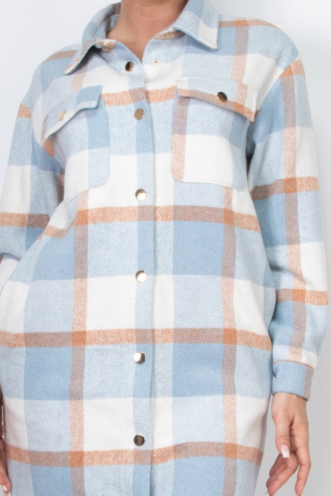 Plaid Buttoned Shacket Coat, Blue/Cream