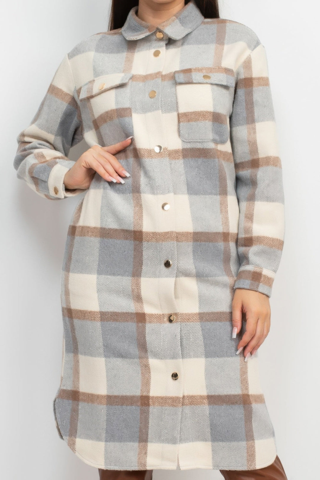 Plaid Buttoned Shacket Coat, Cream/Gray