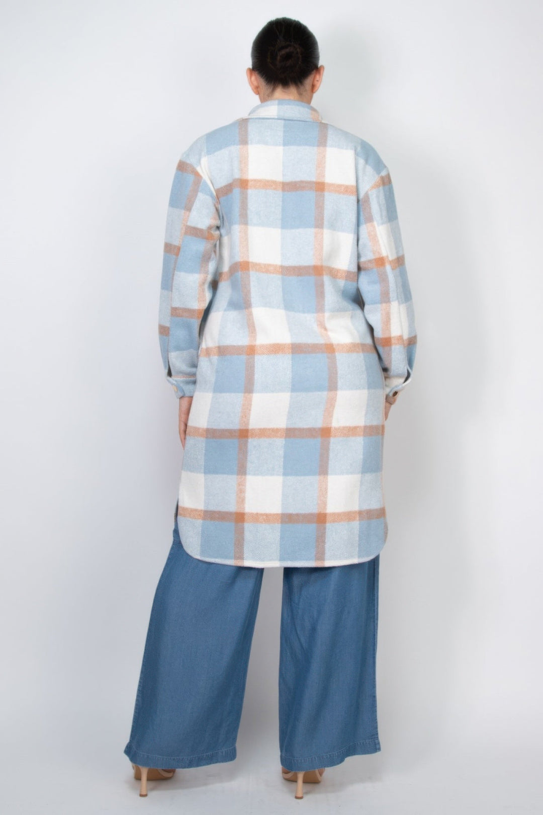 Plaid Buttoned Shacket Coat, Blue/Cream