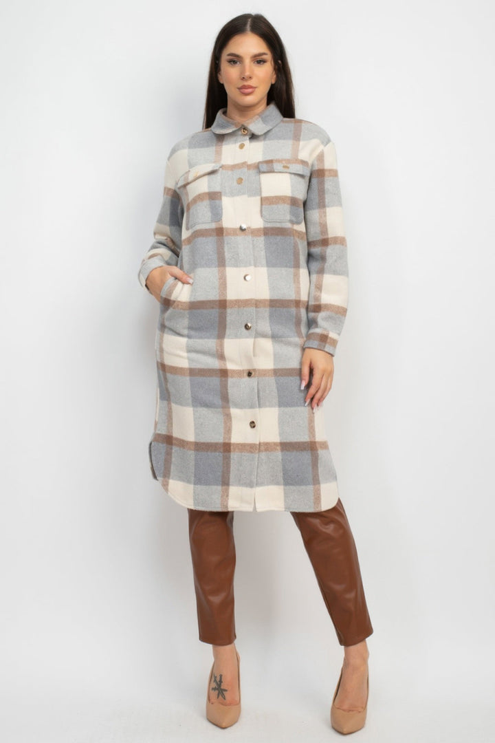 Plaid Buttoned Shacket Coat, Cream/Gray