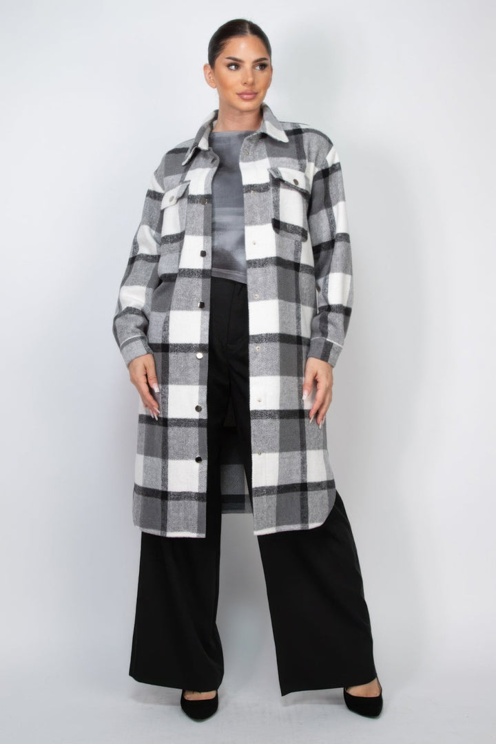 Plaid Buttoned Shacket Coat, black