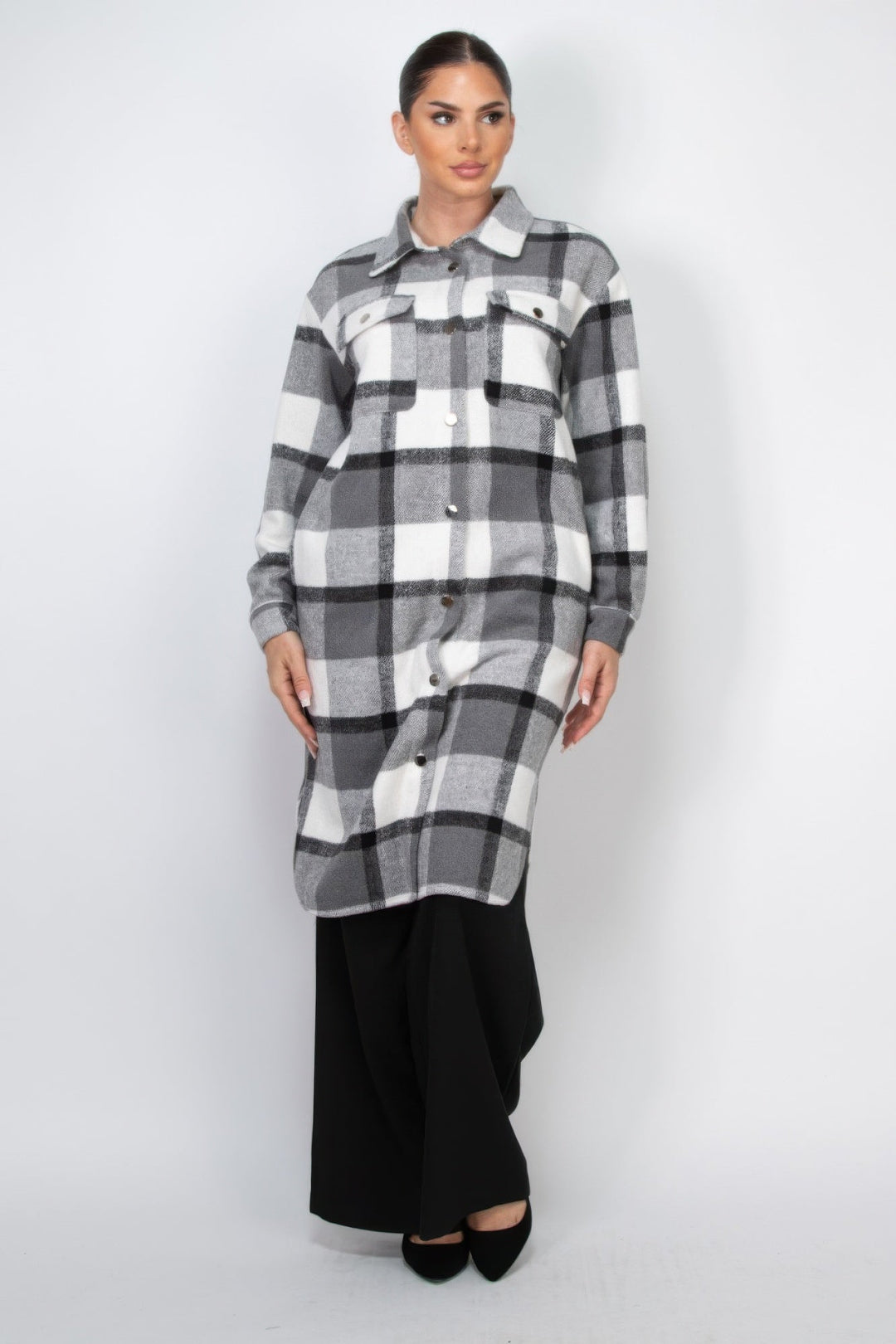 Plaid Buttoned Shacket Coat, black