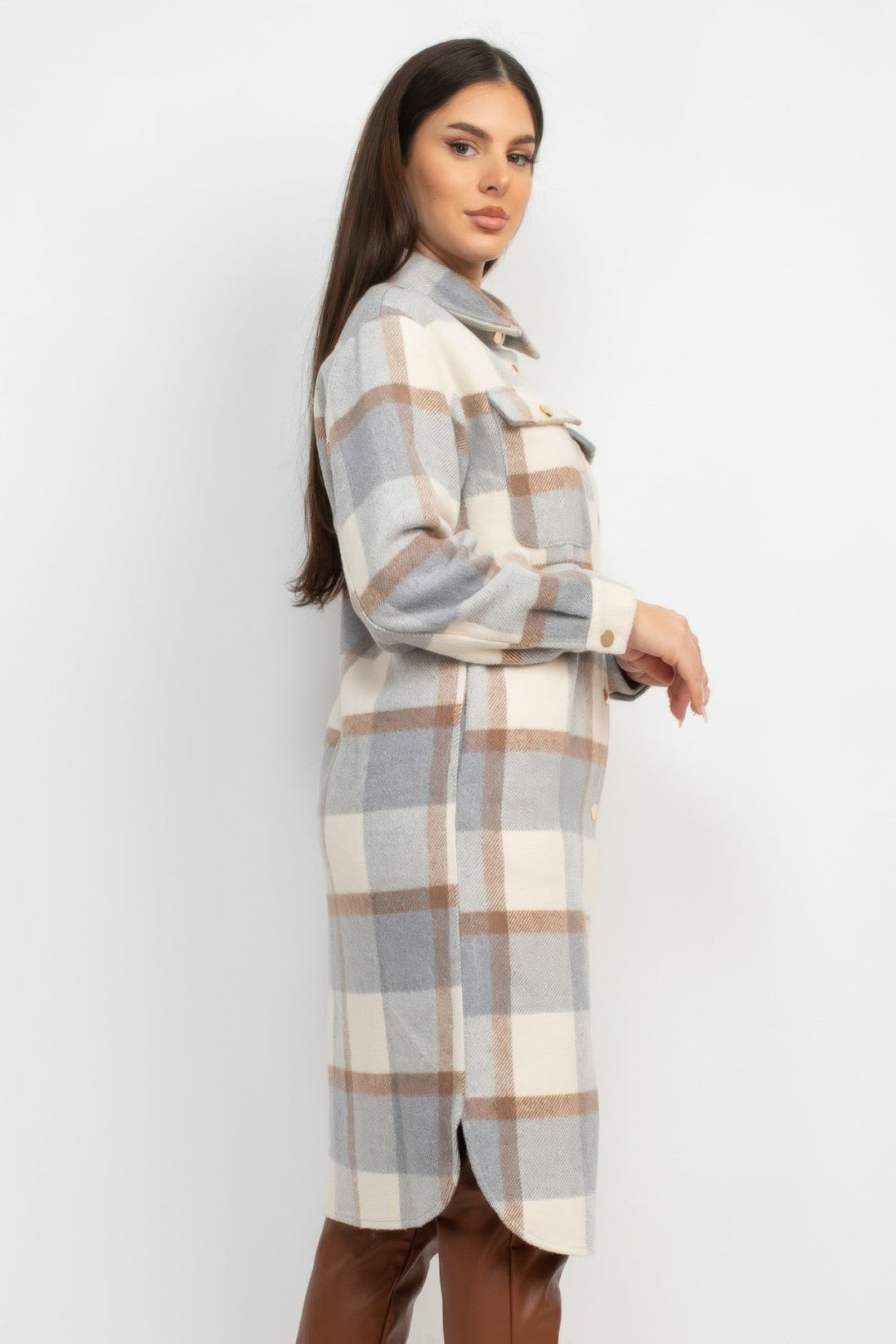 Plaid Buttoned Shacket Coat, Cream/Gray