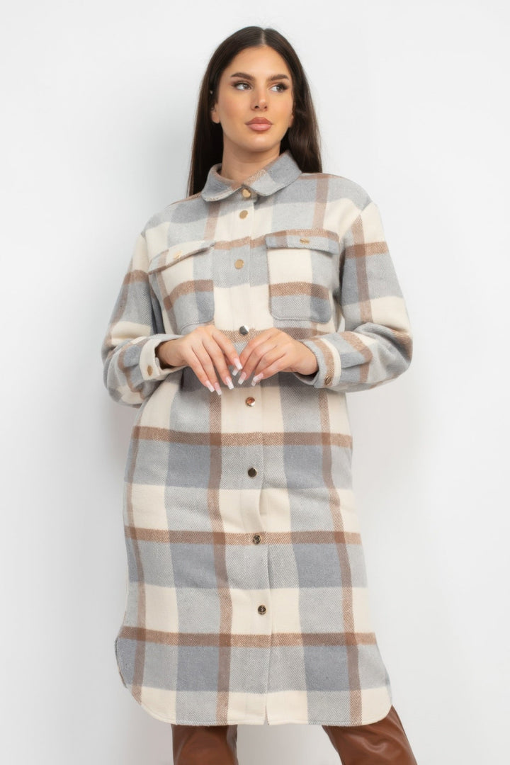 Plaid Buttoned Shacket Coat, Cream/Gray