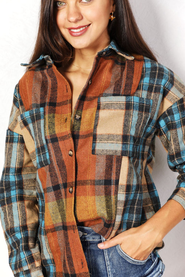 Plaid Curved Hem Shirt Jacket with Breast Pockets