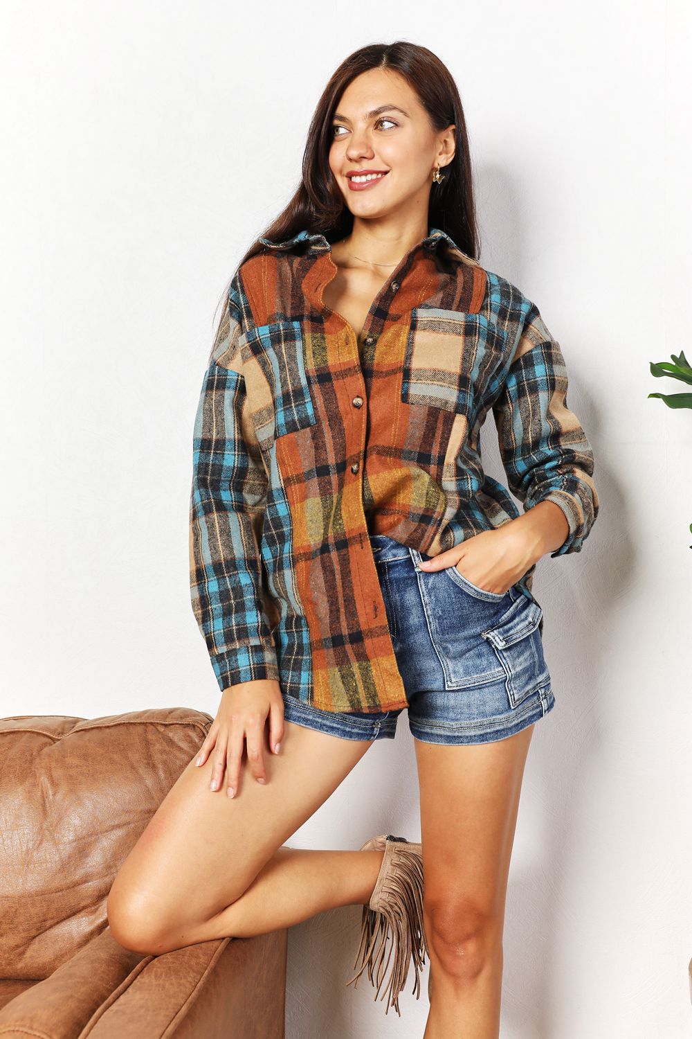 Plaid Curved Hem Shirt Jacket with Breast Pockets