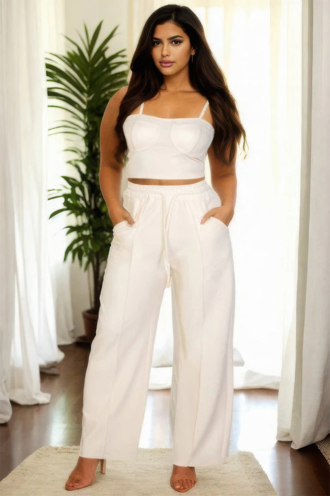 Plus Bustier Crop Cami Top & Straight Pants Set