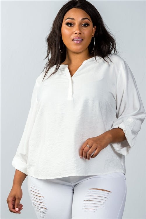 Plus Size Stand-up Collar Roll Tab Sleeve Blouse