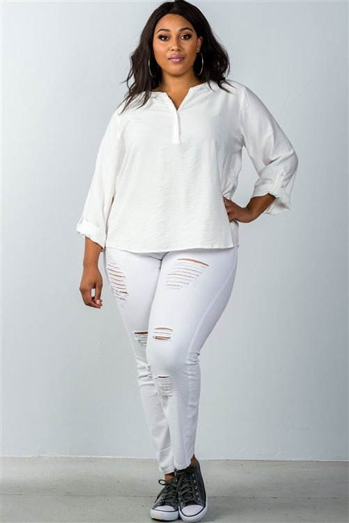 Plus Size Stand-up Collar Roll Tab Sleeve Blouse