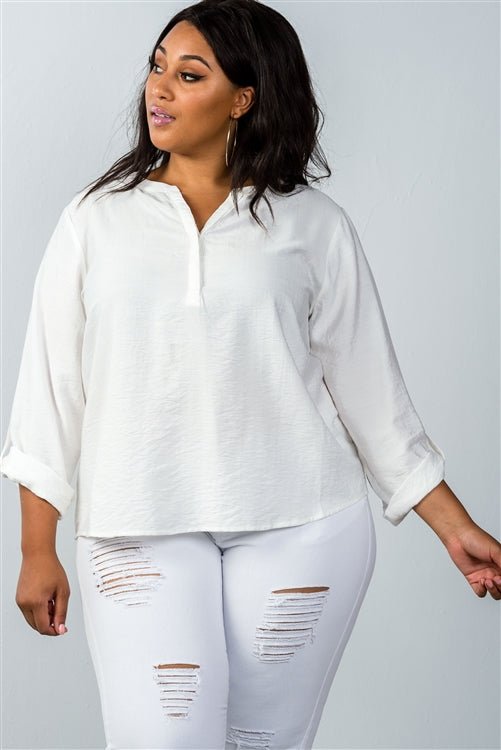 Plus Size Stand-up Collar Roll Tab Sleeve Blouse