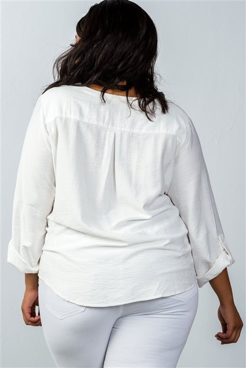 Plus Size Stand-up Collar Roll Tab Sleeve Blouse