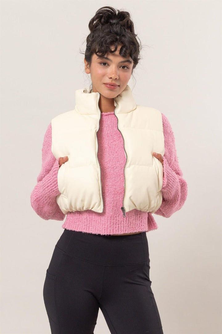 Pocketed Solid Vest Coat, Cream