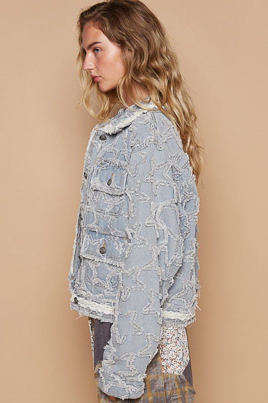 Star Textured Raw Hem Long Sleeve Denim Jacket