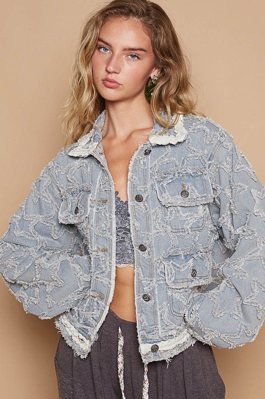 Star Textured Raw Hem Long Sleeve Denim Jacket