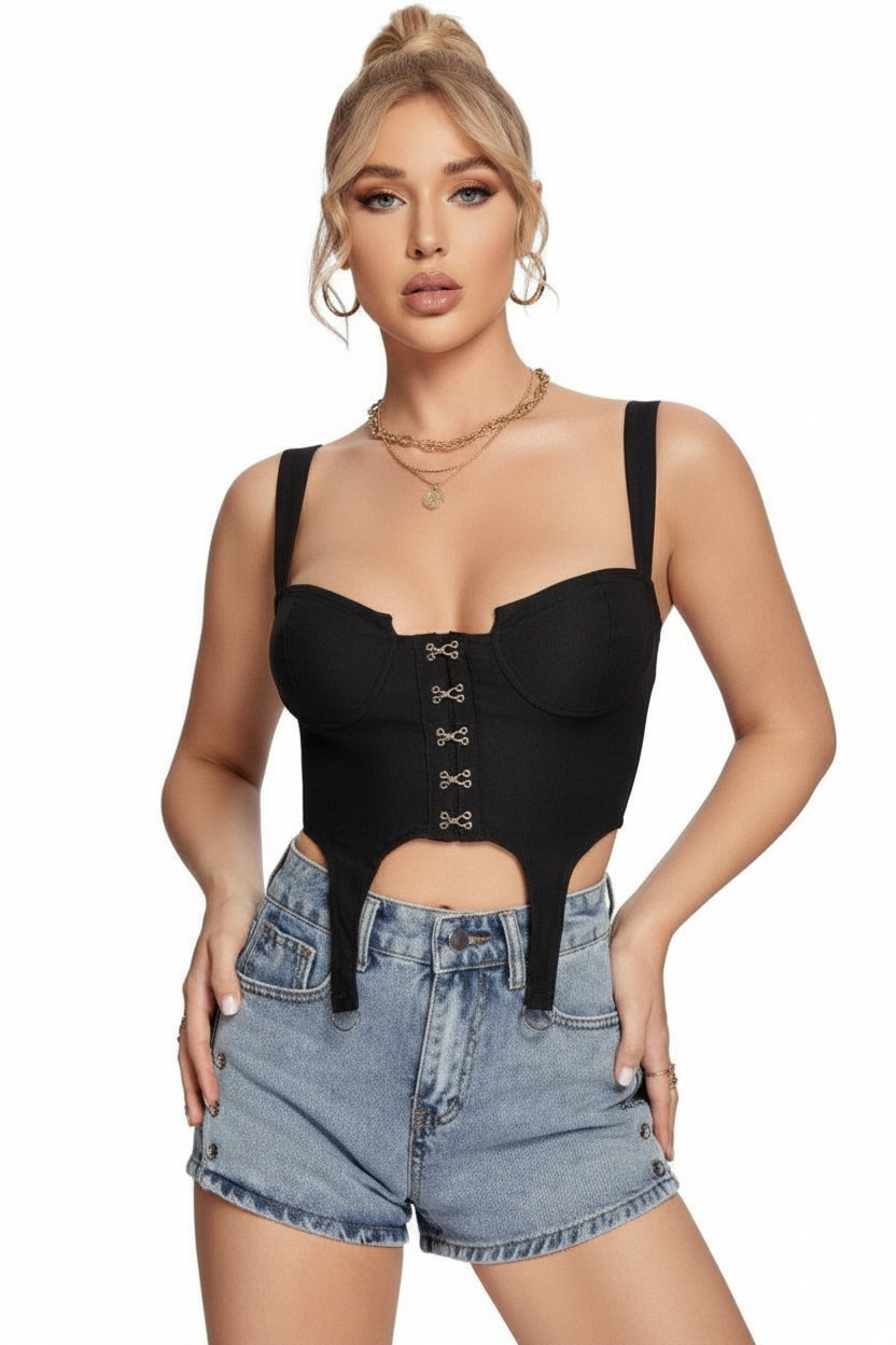 Princess Stirrup Cropped Corset Top - Black