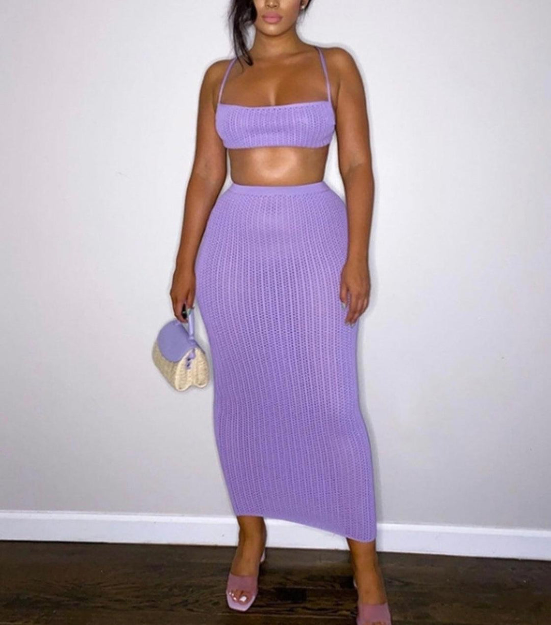 Purple Ribbed 2 Piece Maxi Skirt Set - 7Kouture