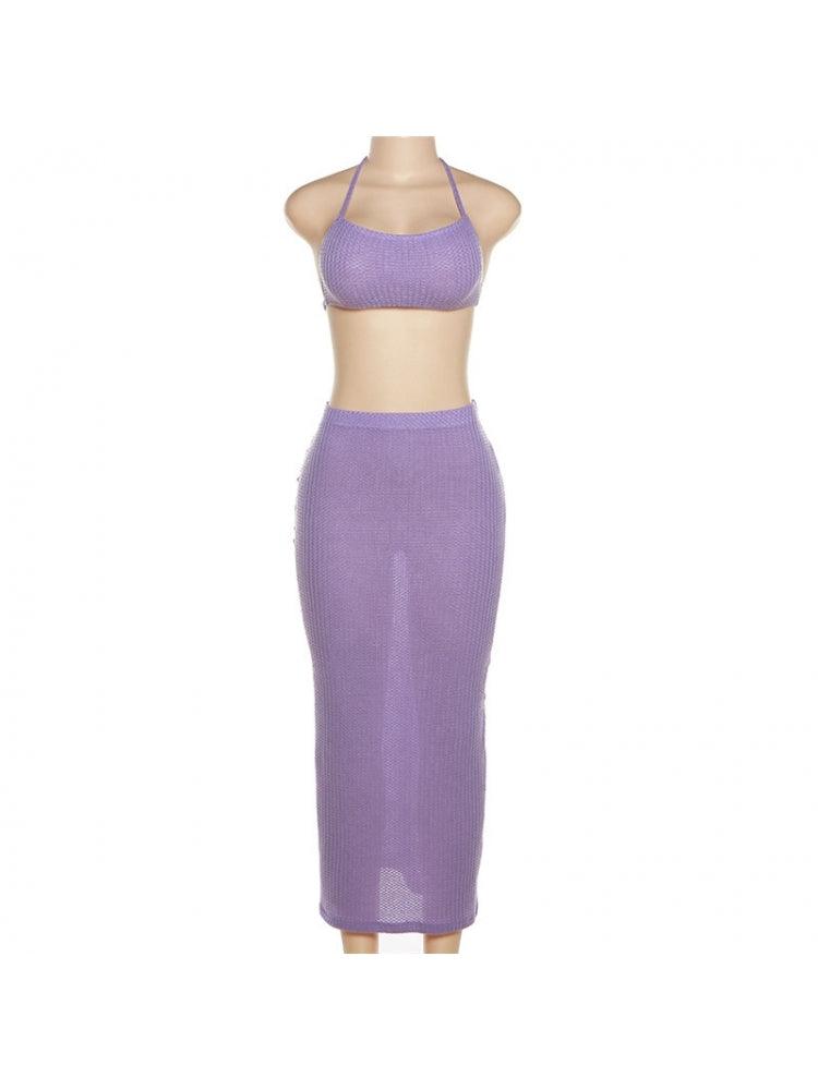 Purple Ribbed 2 Piece Maxi Skirt Set - 7Kouture