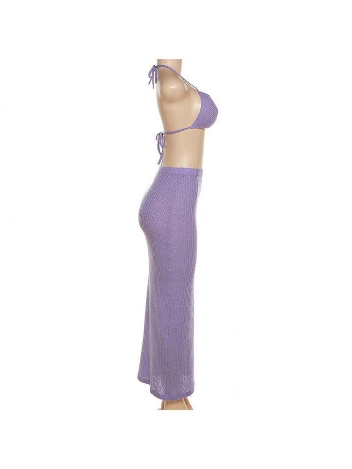 Purple Ribbed 2 Piece Maxi Skirt Set - 7Kouture