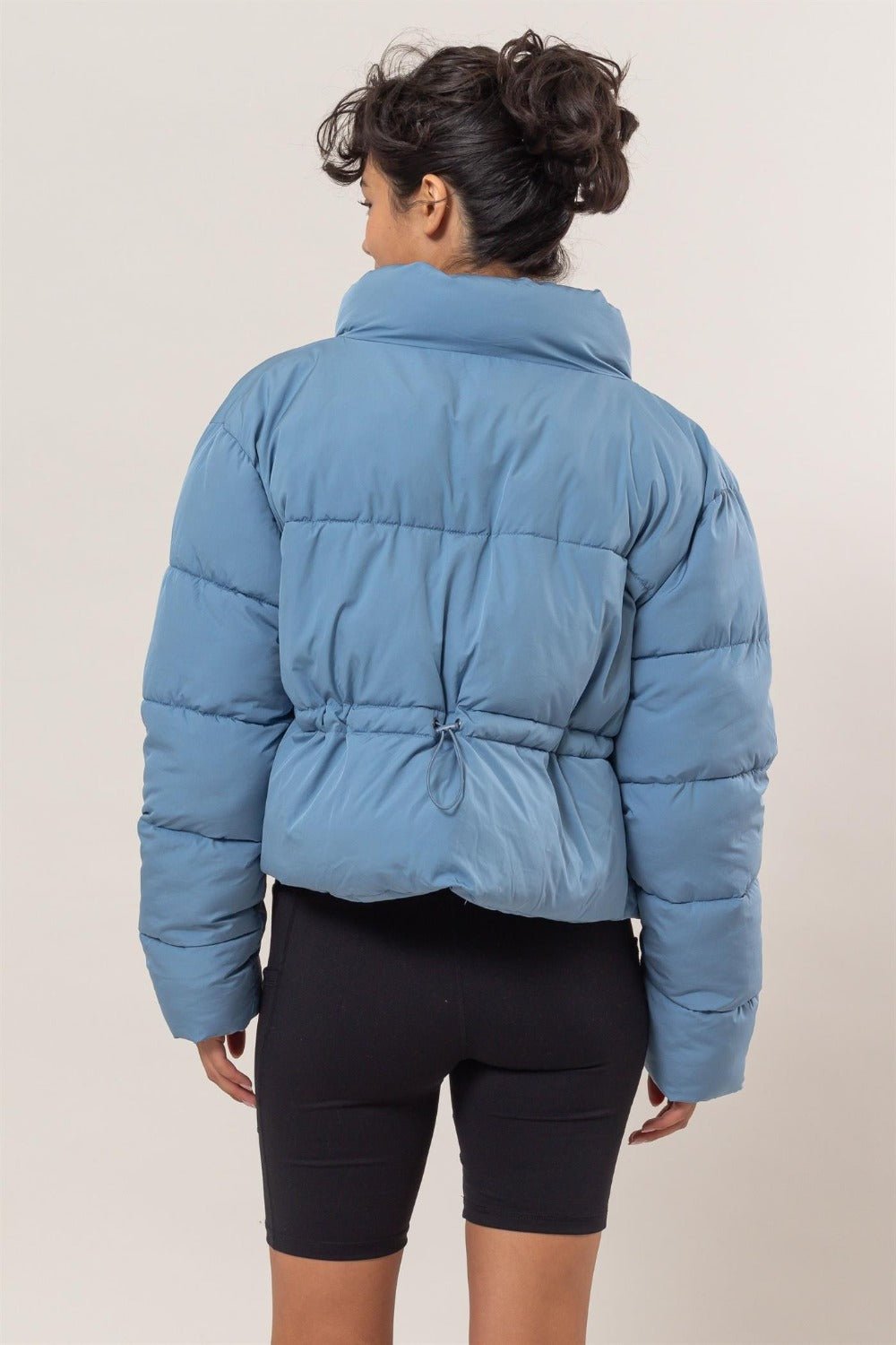 Quilted Back Drawstring Puffer Jacket, Blue