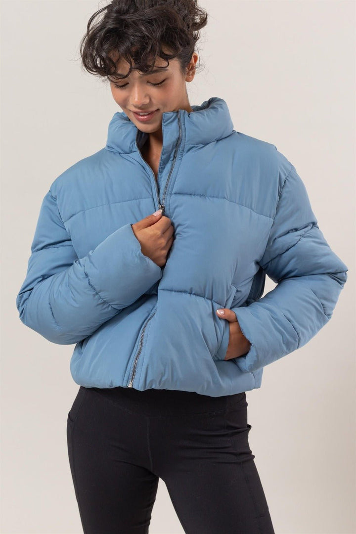 Quilted Back Drawstring Puffer Jacket, Blue