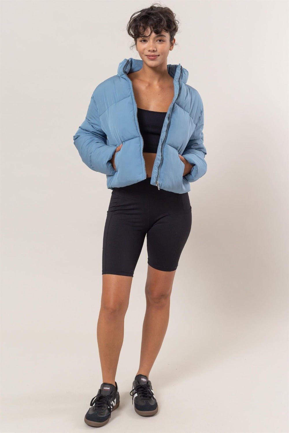 Quilted Back Drawstring Puffer Jacket, Blue