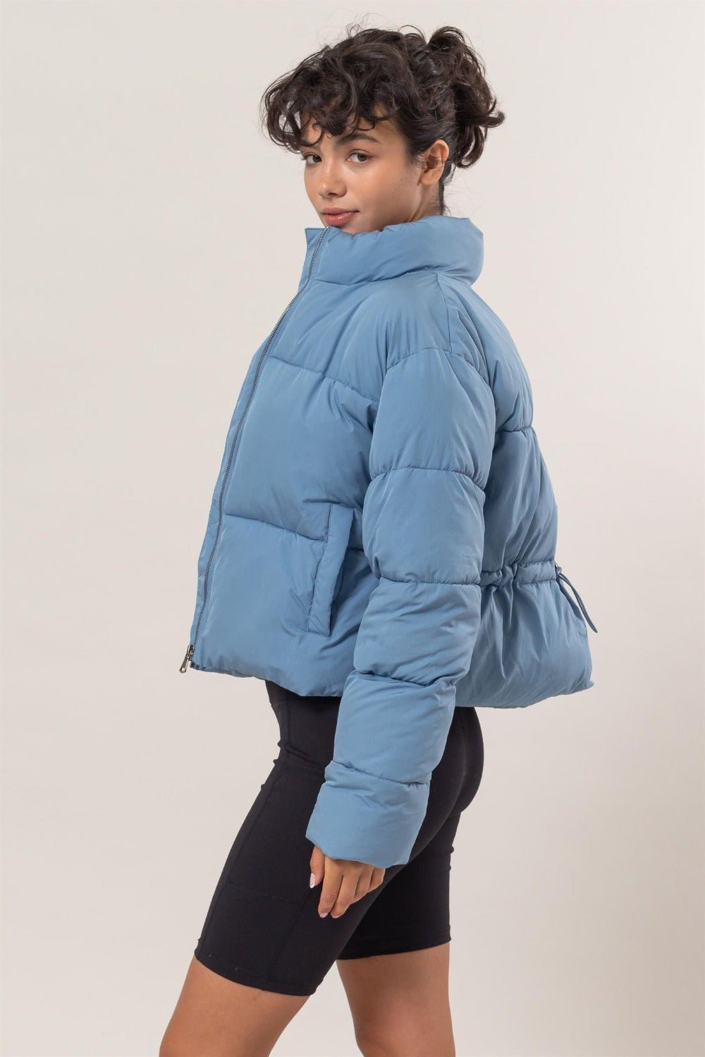 Quilted Back Drawstring Puffer Jacket, Blue