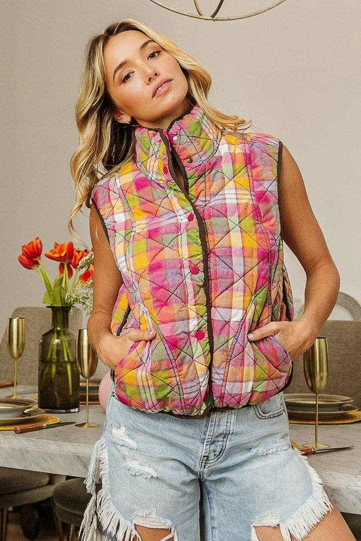 Quilted Washed Plaid Snap Down Vest